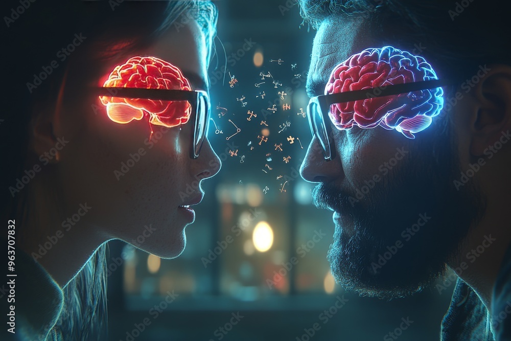 Poster mental acuity brain based communication couples faces made of neural lines and glowing dots symboliz