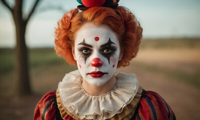 Woman in a red and black clown costume old creepy clown makeup with red lipstick black and white face paint dark eyes, and a red nose Look combines a scary sad clown appearance with vintage elements