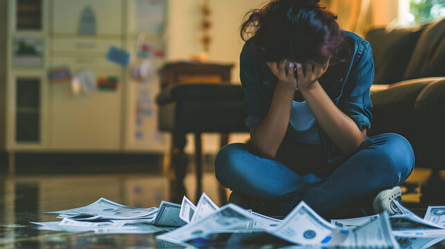 Stressed individual overwhelmed by financial debt, struggling to make ends meet in difficult times.