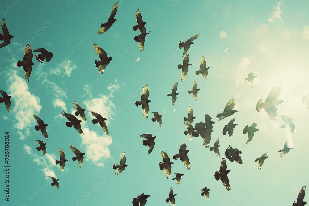 Poster flock of birds soaring through a bright blue sky with fluffy clouds during the golden hour of late a