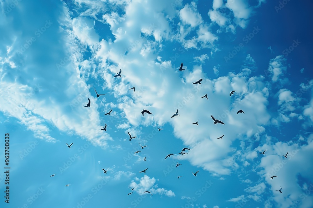 Poster flock of birds soaring through a bright blue sky with fluffy clouds during the golden hour of late a