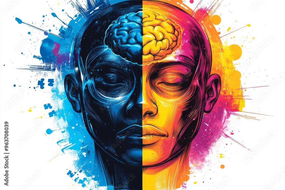 Poster brain endurance brain based communication abstract human face with splattered paint and a brain symb