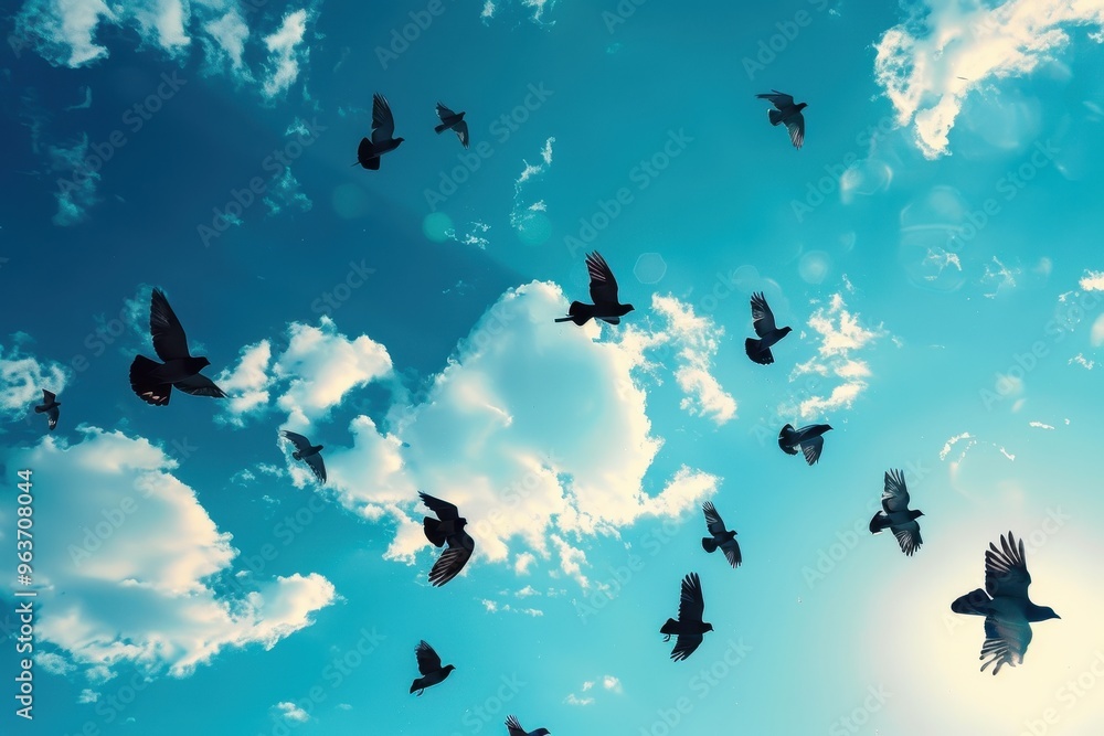 Poster flock of birds soaring through a bright blue sky with fluffy clouds during the golden hour of late a