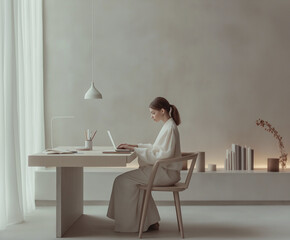 Woman Writing at White Desk in Minimal Study