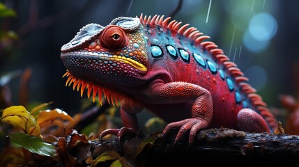 Obraz premium illustration of vibrant chameleon perches on moss its multicolored scales standing out against a misty forest backdrop