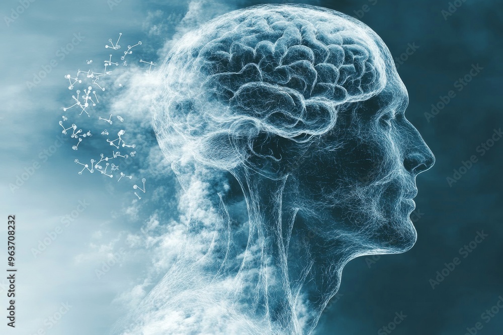 Poster neuronal endurance brain based communication vaporizing human head made of white particles represent