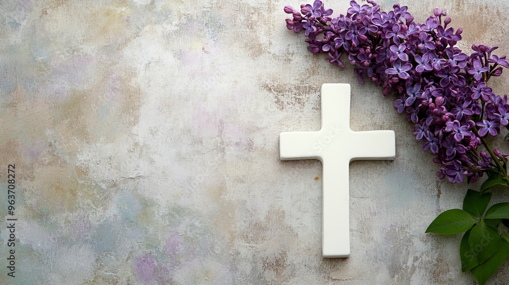 Wall mural white cross and violet or purple lilac blossom on old background for a condolence card..generative a