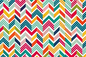 Fototapeta premium Create a bold and colorful abstract pattern featuring irregular shapes, Chevron stripes, and polka dots on a bright white background