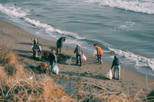 Volunteers participate in a beach cleanup event on a sunny day, collecting debris and restoring the natural environment along the coast