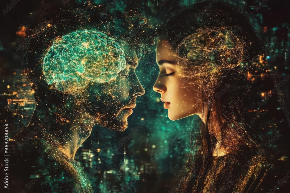 Poster neural capacity emotional mirroring glowing neural connections between two human heads representing 