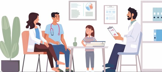 Family Medical Consultation in Private Room with Doctor Explaining Diagnosis Using Visual Aids