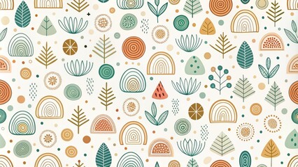 A stylized, minimalist pattern of simple, hand-drawn shapes and lines in a limited color palette on a clean, white background for maximum clarity