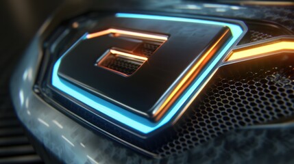 Sleek E emblem featuring a glowing neon outline and metallic finish