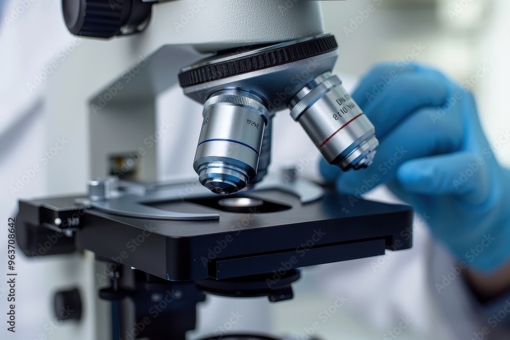 Poster a scientist examining a specimen slide under a microscope in a modern laboratory during a research p