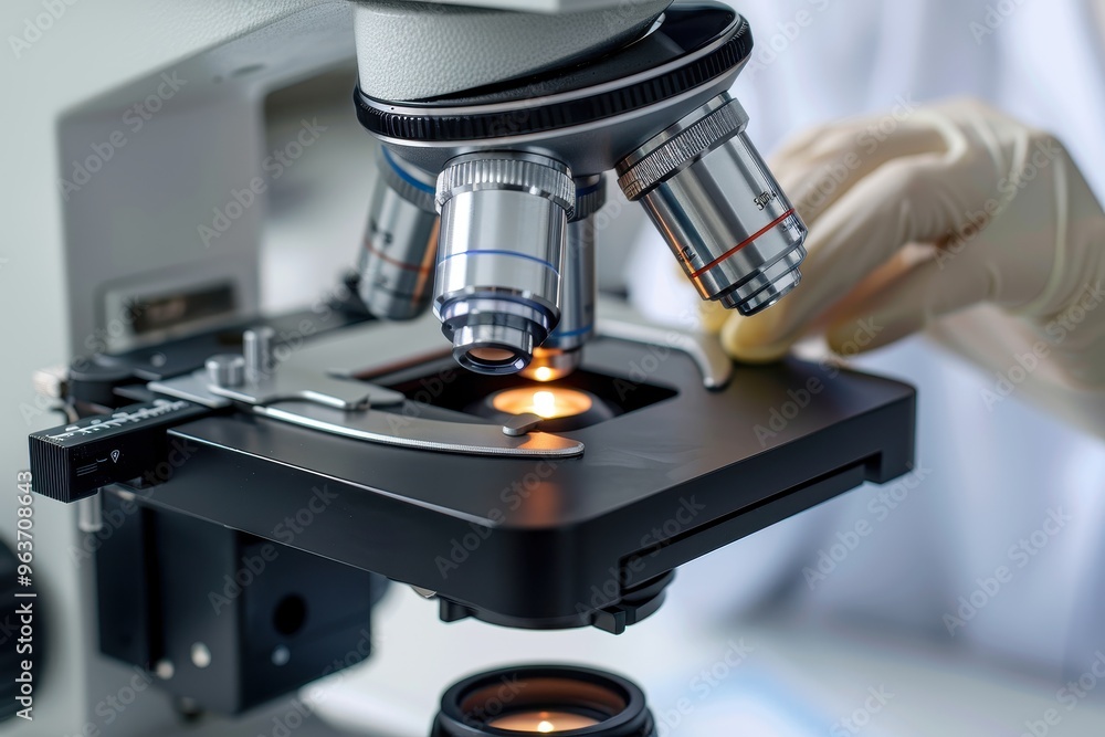 Poster a scientist examining a specimen slide under a microscope in a modern laboratory during a research p