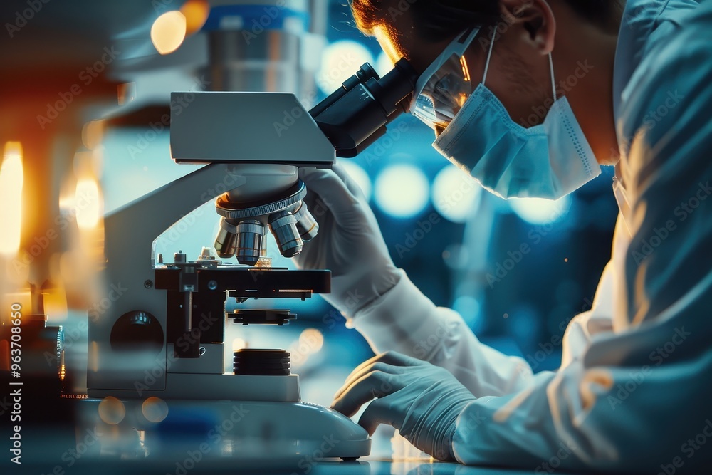Poster a scientist examining a specimen slide under a microscope in a modern laboratory during a research p