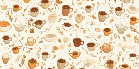 Fototapeta premium Seamless Pattern of Coffee Cups in Line Art Style with Brown Lines on White Background