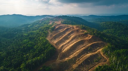 Birda??s-eye shot of vast deforested hills with clear-cut scars, representing the environmental damage from deforestation.