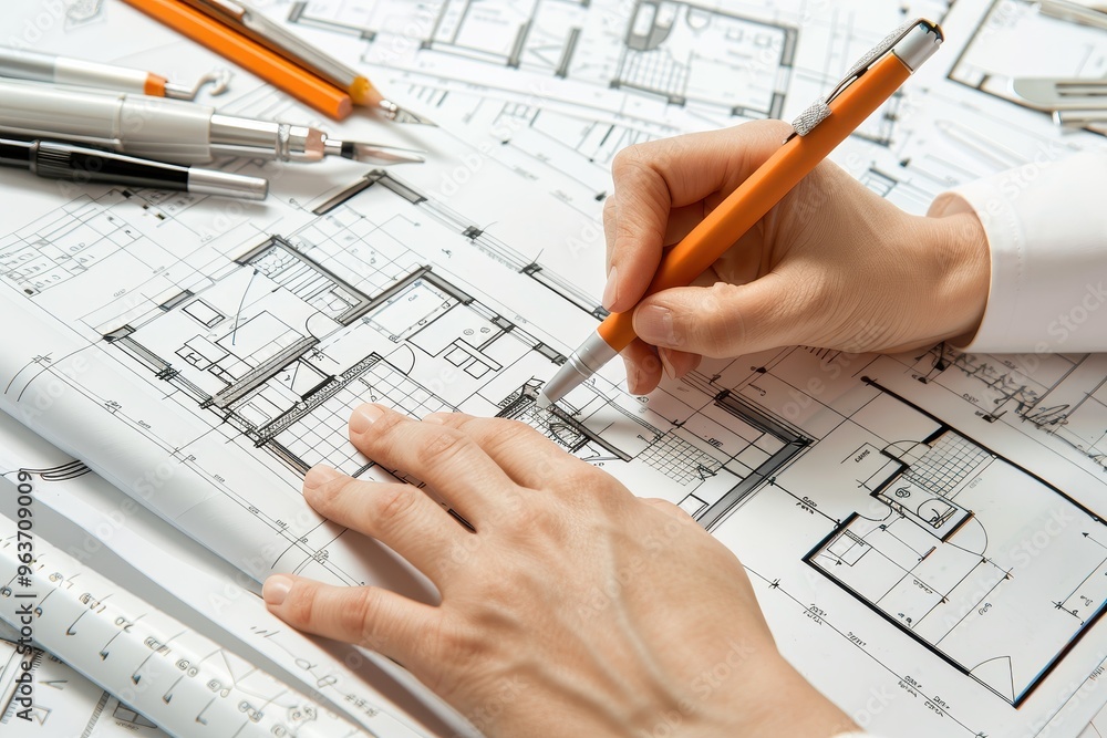 Poster a professional architect reviewing detailed blueprints for a modern residential building project dur