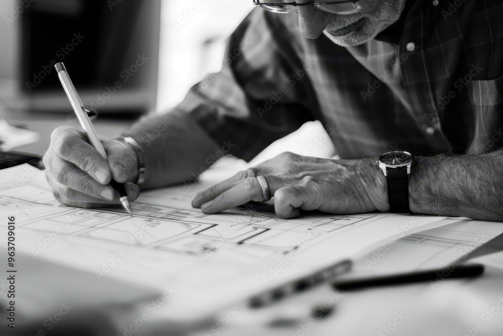 Poster a professional architect reviewing detailed blueprints for a modern residential building project dur
