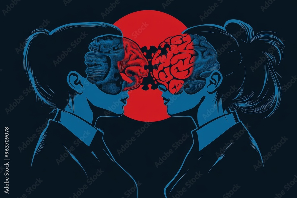 Poster neural aptitude emotional mirroring abstract illustration of two heads with highlighted brains and a