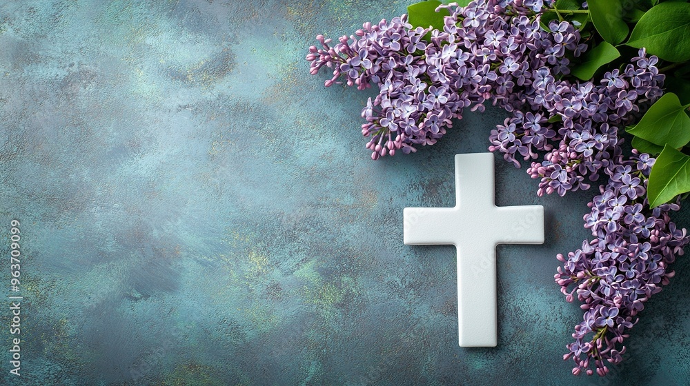 Wall mural White cross and violet or purple lilac blossom on old background for a condolence card..generative ai