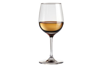 A close-up image of a clear wine glass filled halfway with white wine, displayed against a pure white background. 