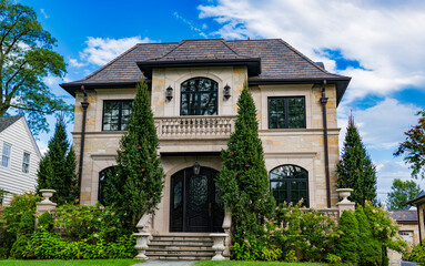 Residence architecture. Suburban neighborhood. Suburban house architecture. Private family house. Neighborhood architecture. Property neighborhood. Residential property house. Housing affordability