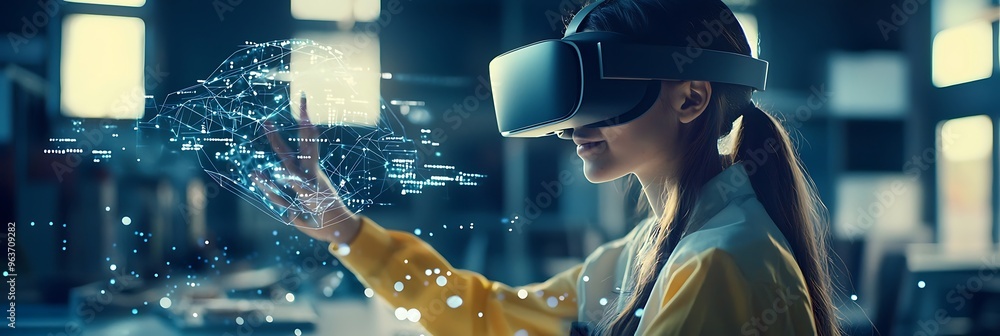Poster vr tech learning in classroom, with student navigating ai simulations for education.