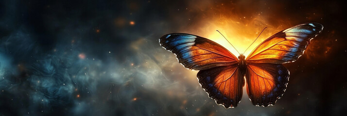 A butterfly with orange and blue wings against a dark smoky backdrop.