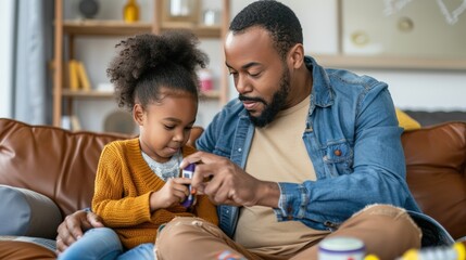 Father Teaching Daughter to Use Glucose Meter in Cozy Living Room for Home Health Care Education