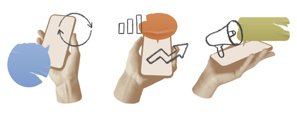 Collection of hand with a smartphone, speech bubble and hand drawn charcoal business shapes. Concept of marketing, success, idea. Empty space. Contemporary halftone cutout collage in a pop art style.