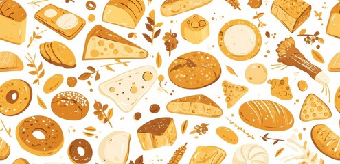 Seamless Pattern of Line Art Doodles Featuring Breads, Pastries, and Bakery Products 