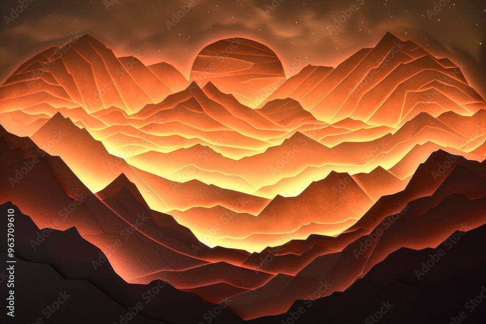 Aufkleber Sunset over a mountain range with layered peaks and silhouettes of pine trees in the foreground creating a serene and vibrant atmosphere