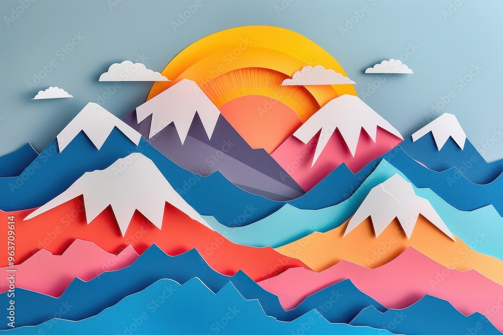 Aufkleber Sunset over a mountain range with layered peaks and silhouettes of pine trees in the foreground creating a serene and vibrant atmosphere