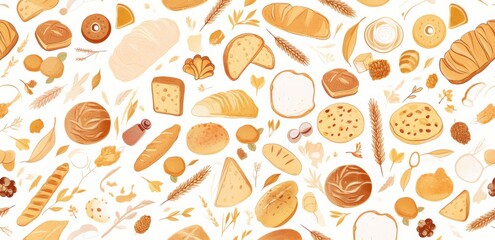 Seamless Pattern of Line Art Doodles Featuring Breads, Pastries, and Bakery Products 