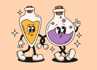 Groovy characters bottles with magic potions. Flat vector illustration.
