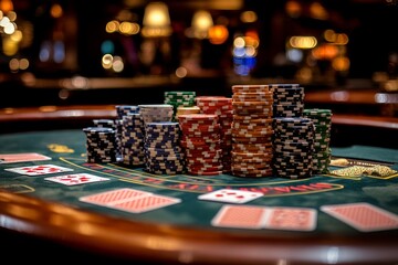 A high-stakes poker game taking place in a luxurious casino setting. Generative AI
