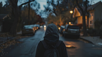 A woman walking nervously, looking over her shoulder, in a rough neighborhood at night.