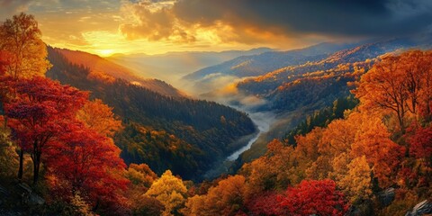 Fototapeta premium Stunning autumn sunset illuminates a vibrant valley with flowing river