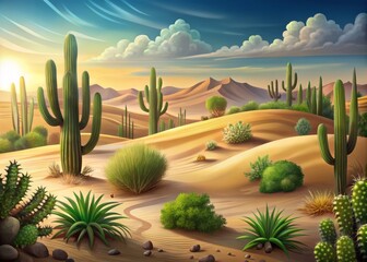 A stylized depiction of a desert landscape, featuring sandy dunes in shades of beige and brown, with a few scattered cacti and a green oasis in the distance