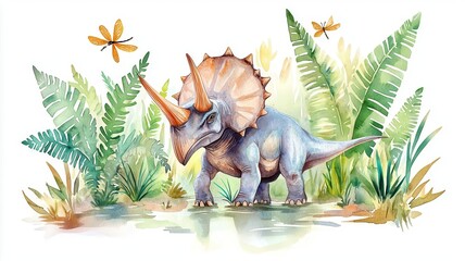 Triceratops in a prehistoric swamp, surrounded by giant ferns and dragonflies, watercolor, soft greens and browns