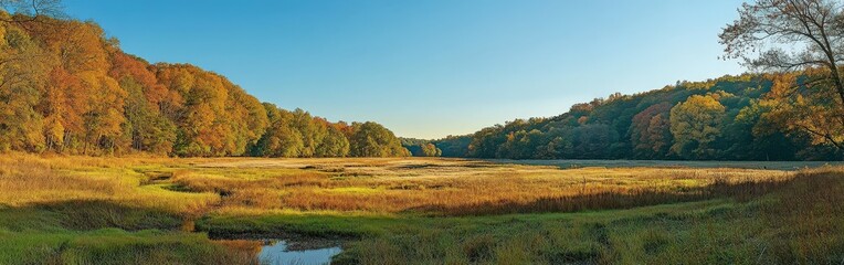 Autumn landscape with vibrant foliage near a tranquil wetland at sunrise