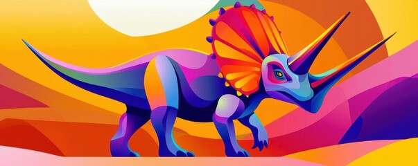 Triceratops in a pop art style, bold lines, bright, contrasting colors, abstract background, retro design