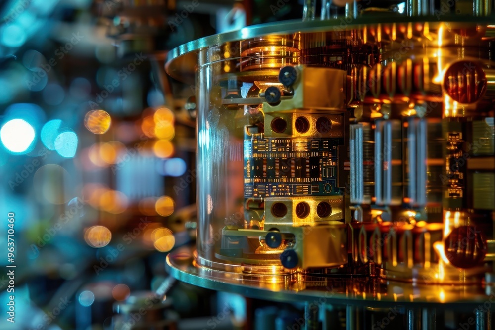 Aufkleber Close-up view of advanced quantum computing hardware showing intricate circuitry and glowing components in a high-tech laboratory environment
