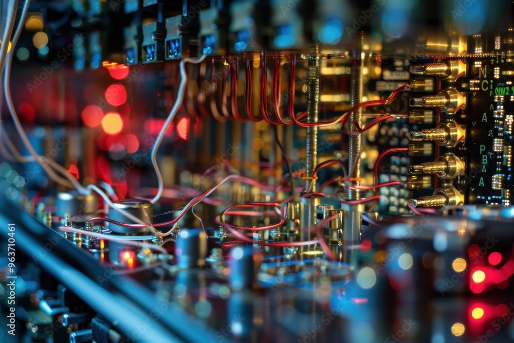 Aufkleber Close-up view of advanced quantum computing hardware showing intricate circuitry and glowing components in a high-tech laboratory environment
