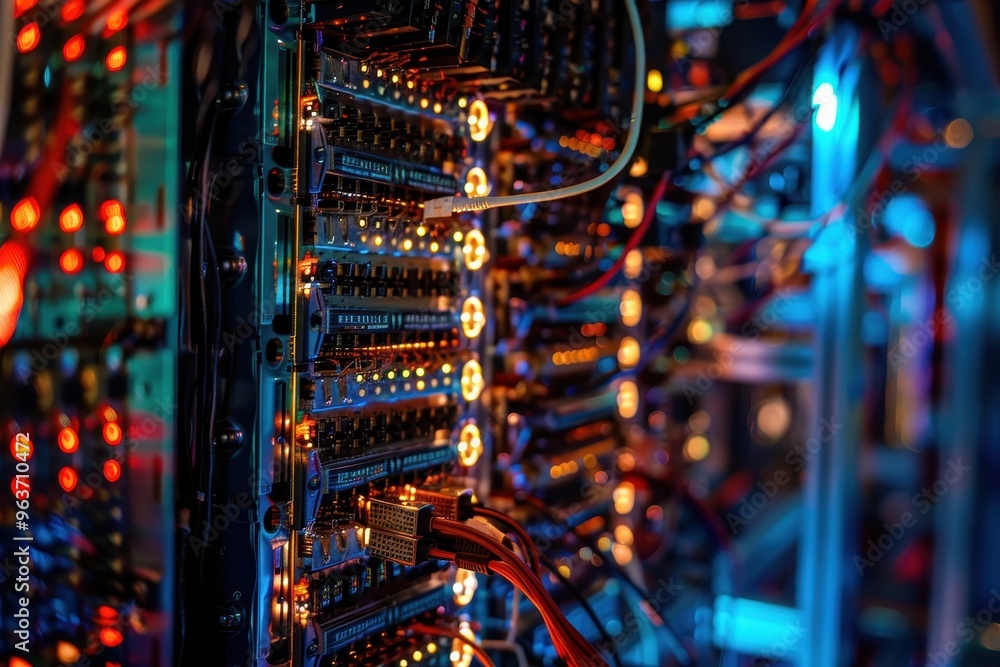 Aufkleber Close-up view of advanced quantum computing hardware showing intricate circuitry and glowing components in a high-tech laboratory environment