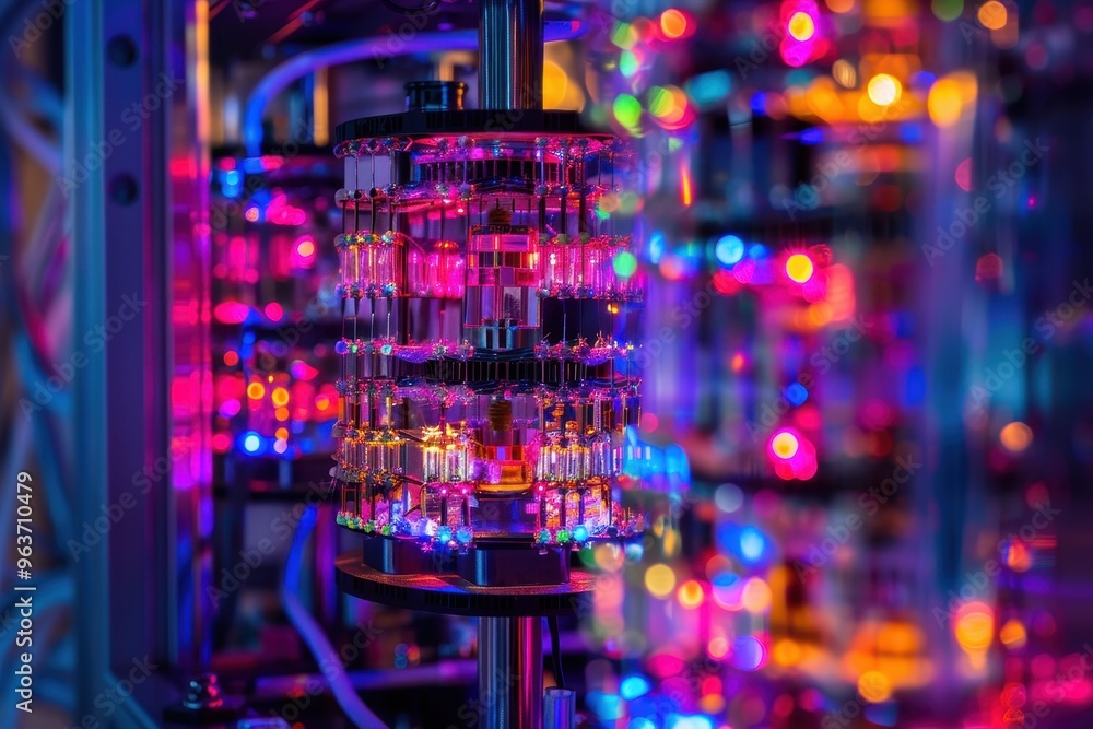 Aufkleber Close-up view of advanced quantum computing hardware showing intricate circuitry and glowing components in a high-tech laboratory environment