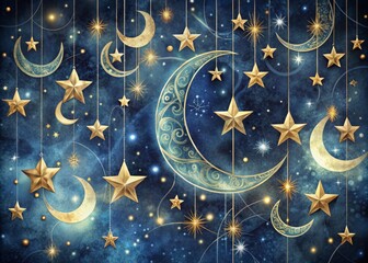 Delicate, hand-drawn crescent moons and stars twinkle against a soft, dark blue night sky, imbuing a sense of dreamy tranquility and wonder