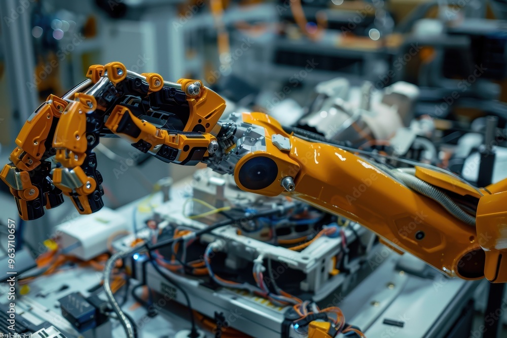 Poster advanced robotic arm working in a high-tech manufacturing facility filled with machinery and intrica